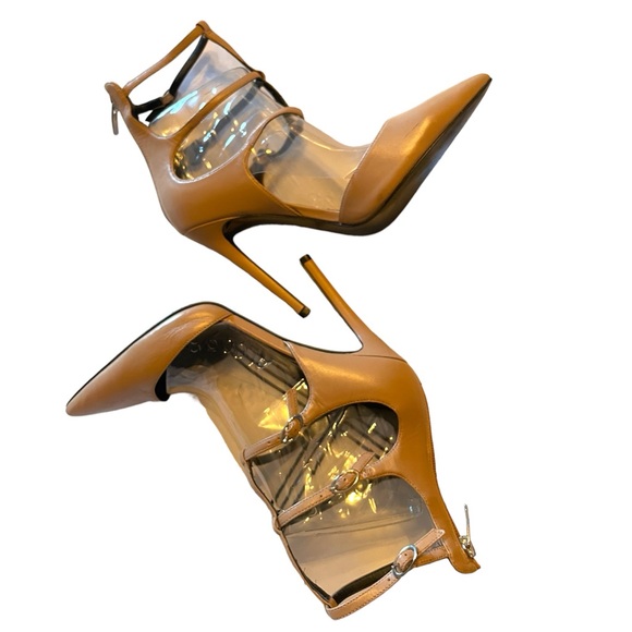 Kendall and Kylie Nude Caged Ankle Leather Pointy High Heel Pumps - Picture 2 of 7